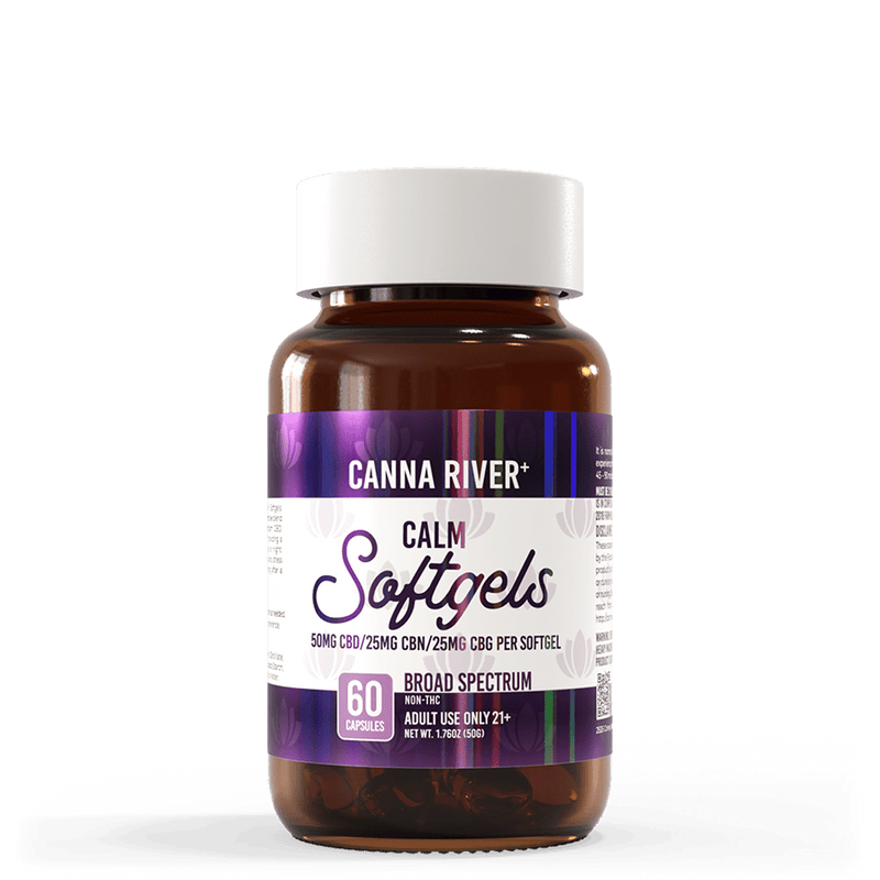 Canna River CBD Calm Softgels Broad Spectrum 50mg CBD + 25mg CBN + 25mg CBG 60 count