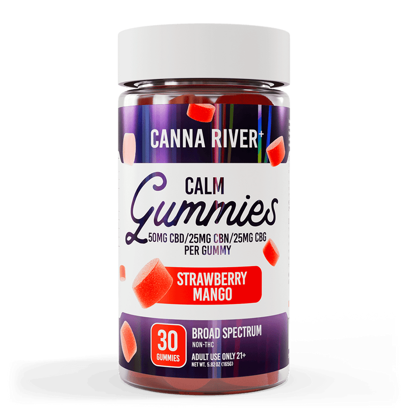 CBD Calm Gummies Gummy Canna River Broad Spectrum (Non-THC) Strawberry Mango 50mg CBD + 25mg CBN + 25mg CBG / 30 Gummies