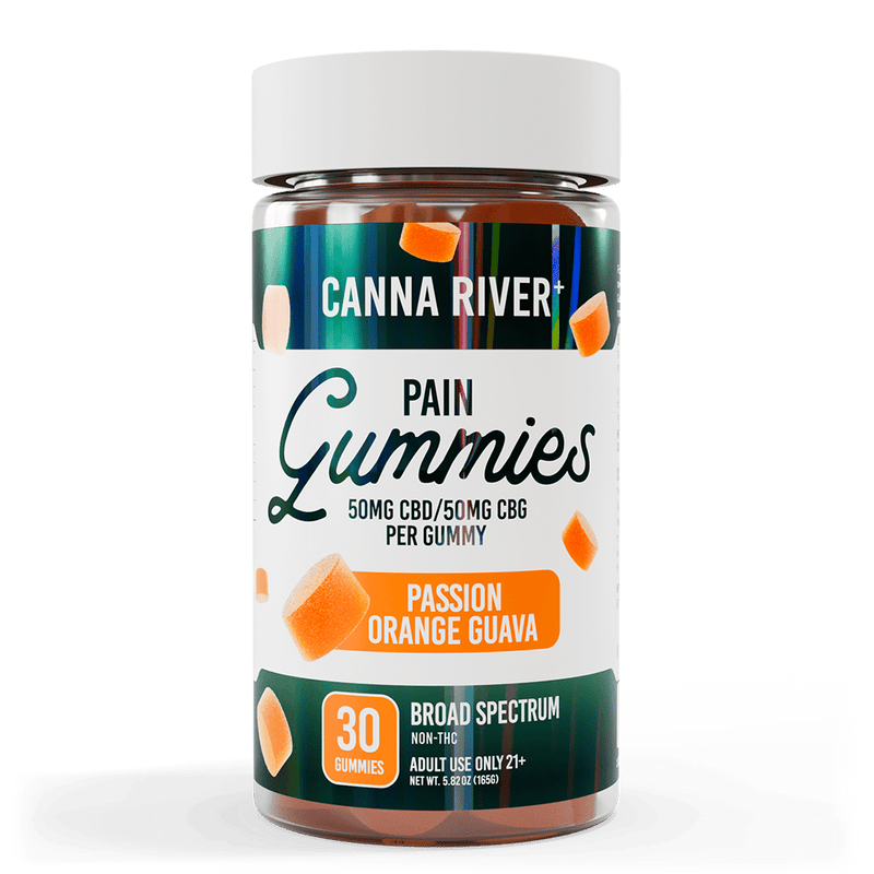 CBD Pain Gummies Gummy Canna River Broad Spectrum (Non-THC) Passion Orange Guava 50mg CBD + 50mg CBG / 30 Gummies